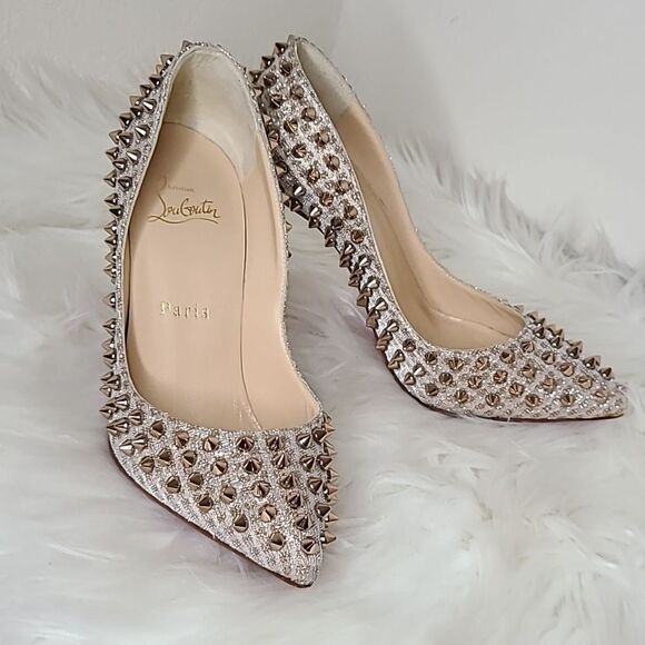 Christian Louboutin Spiked Heels in Silver and Cream - Picture 4 of 16